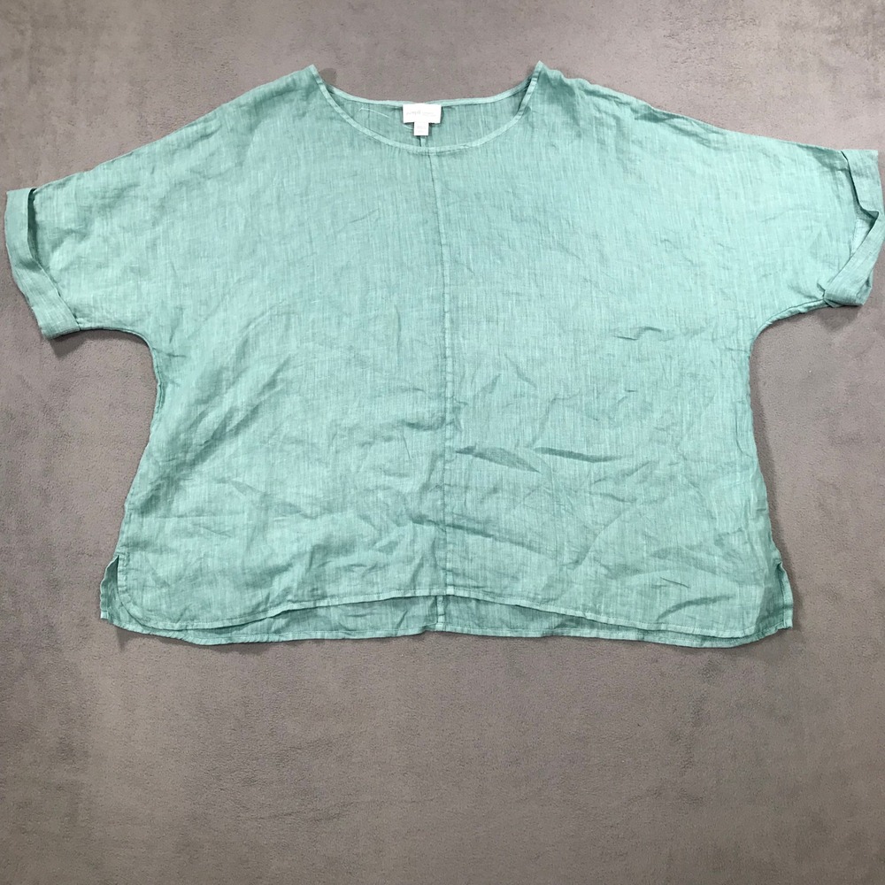 Pure Jill Top Women Large Petite Teal Green Linen Short Sleeve Garment Dyed Boxy